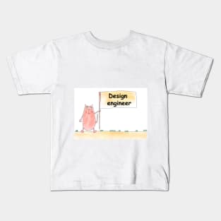 Design engineer. Profession, work, job. Cat shows a banner with the inscription. Watercolor illustration. A gift for a professional. Kids T-Shirt